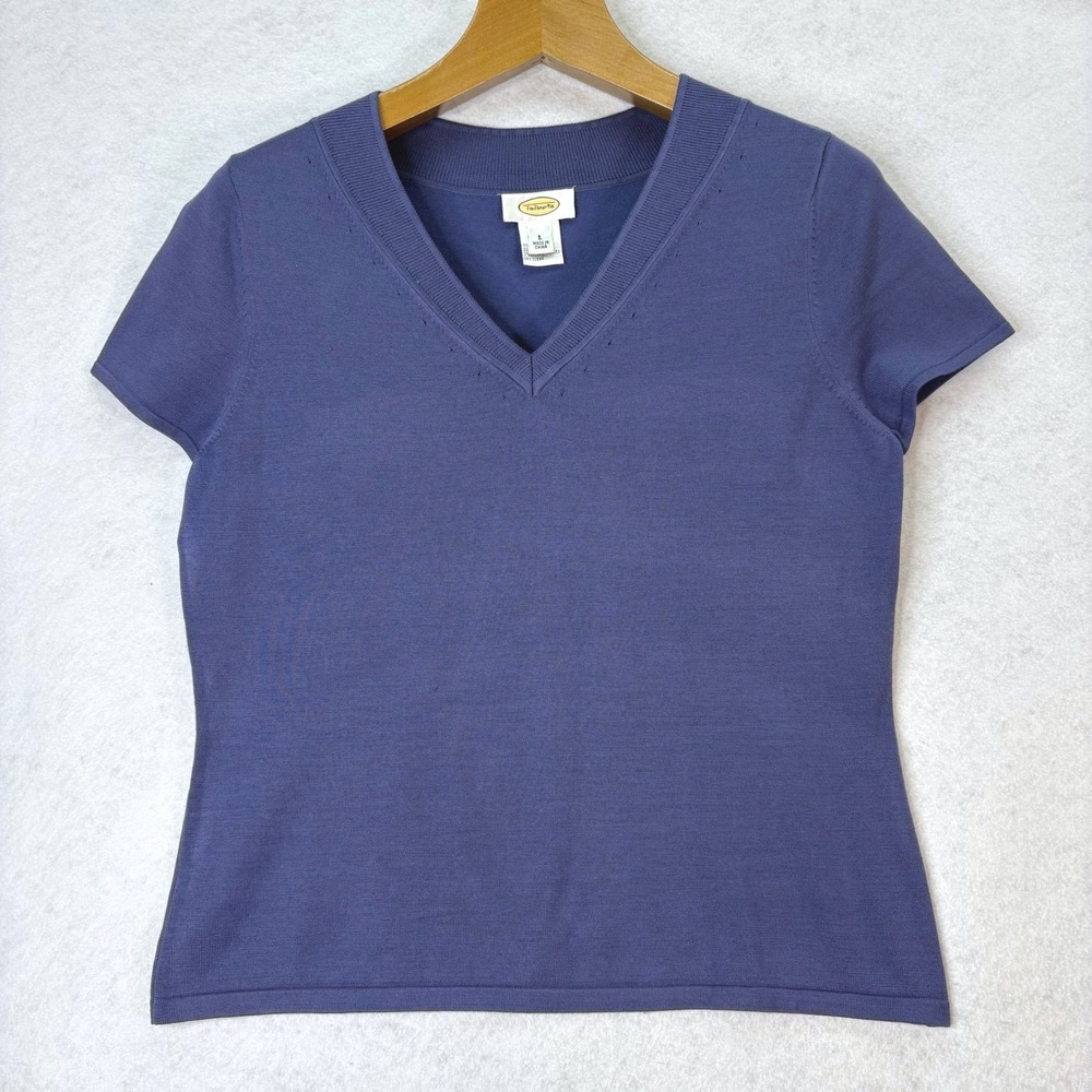 Talbots Blue Silk Blend V-Neck Short Sleeve Sweater Women L Classic Prep Capsule
